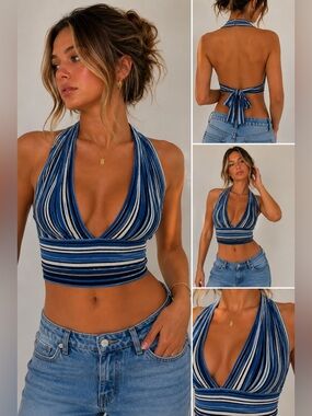 Garage Y2K Blue Striped Knit Halter Top BNWT Open Back Tie Back